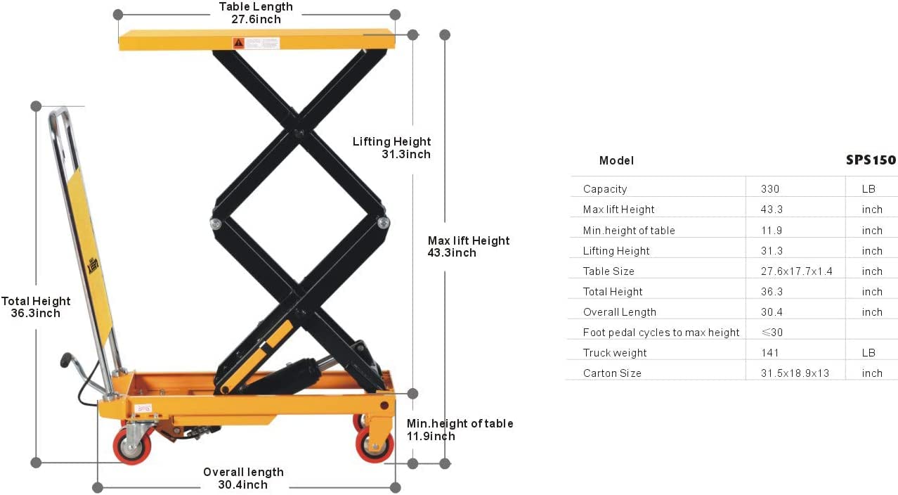 Xilin Electric Pallet Jack Truck Lithium Battery 3300LBS Capacity 48" x 27" Fork Size and Manual Hydraulic Lift Table Cart Double Scissor 330lbs Capacity 43.3" Lifting Height