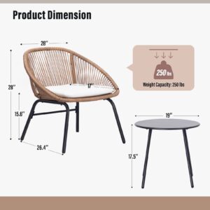 LAUSAINT HOME 3 Piece Patio Conversation Bistro Set, All-Weather Outdoor Wicker Furniture with 2 Wide Chairs and Coffee Table Perfect for Porch, Backyard, Balcony (Linear Weave Design)