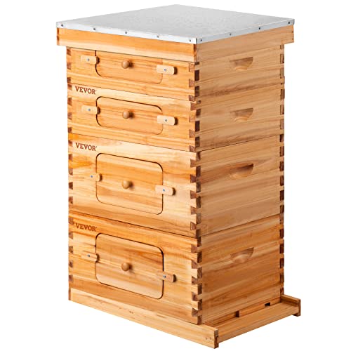 VEVOR Bee Hive, 10 Frame Complete Beehive Kit, Dipped in 100% Natural Beeswax Includes 2 Deep Brood & 2 Medium Honey Super Boxes with Waxed Foundations, for Beginners & Pro Beekeepers, 4 Layer