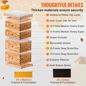 VEVOR Bee Hive, 10 Frame Complete Beehive Kit, Dipped in 100% Natural Beeswax Includes 2 Deep Brood & 2 Medium Honey Super Boxes with Waxed Foundations, for Beginners & Pro Beekeepers, 4 Layer