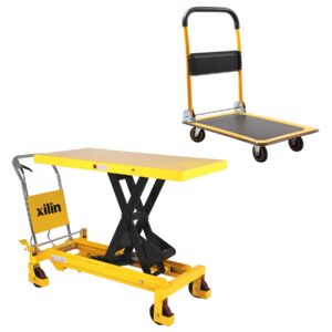 Xilin Scissor Hydraulic Lift Table Cart 3300LBS Capacity 39.4''Lifting Height and 330lb Push Cart Dolly Foldable Platform Truck with Mute Wheel