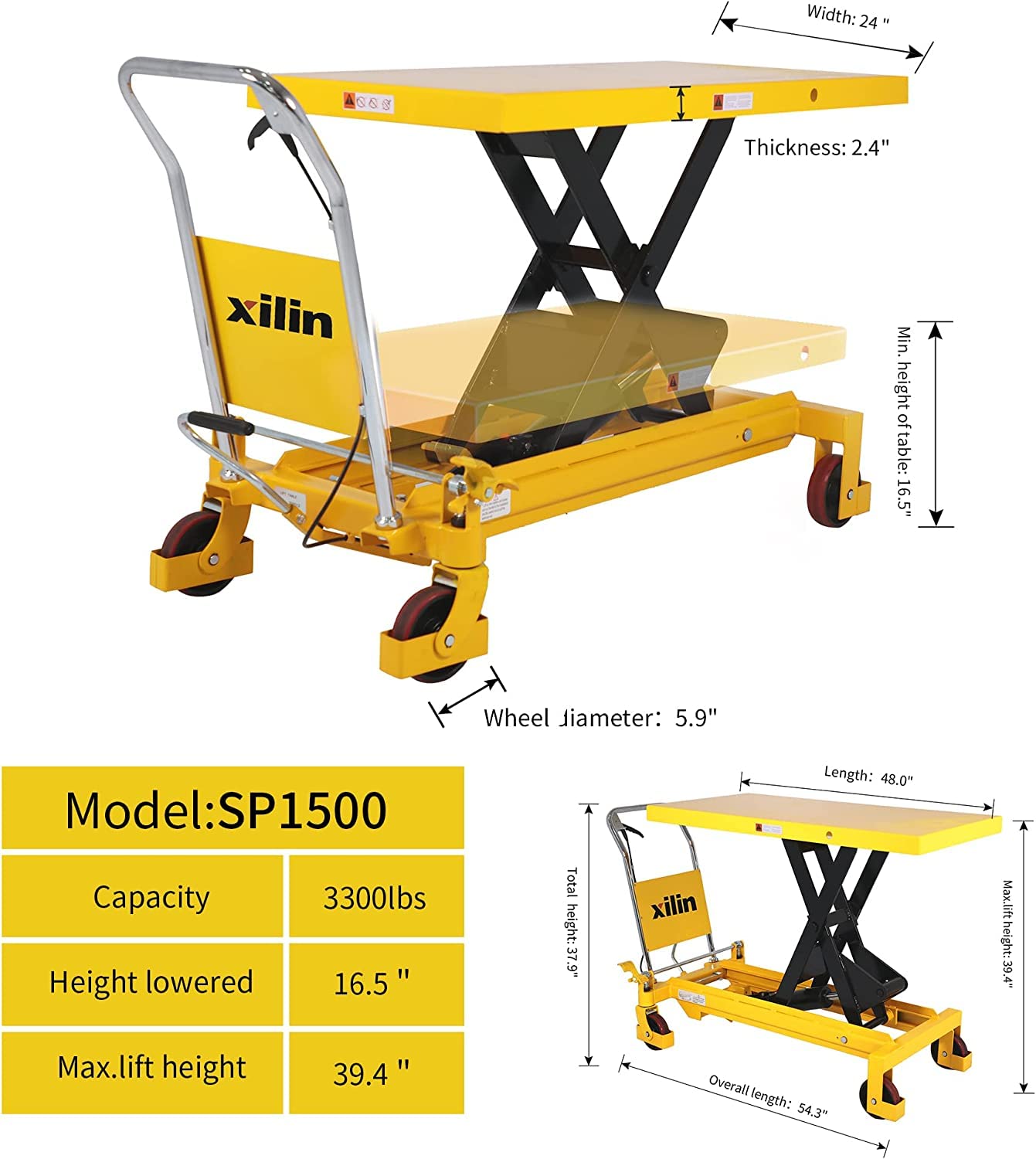 Xilin Scissor Hydraulic Lift Table Cart 3300LBS Capacity 39.4''Lifting Height and 330lb Push Cart Dolly Foldable Platform Truck with Mute Wheel