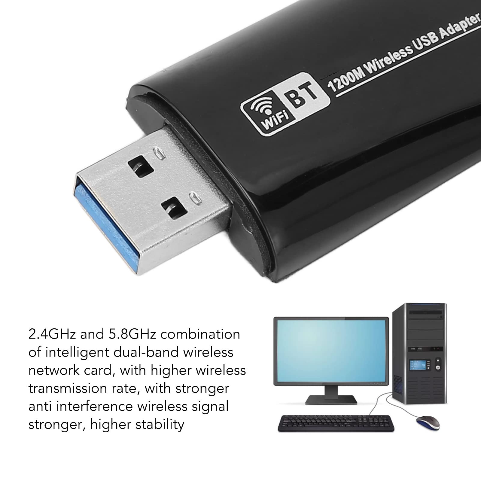 Zyyini Wireless USB WiFi Adapter, 1200Mbps Wireless Network Card for Desktop Computer, Portable Dual Band Bluetooth Receiver 2.4GHz 5GHz