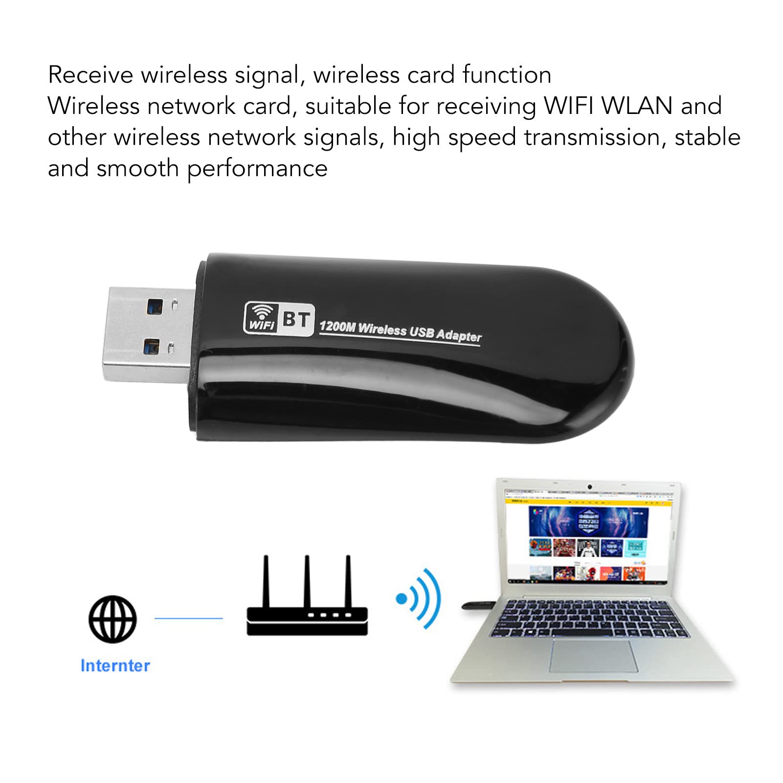 Zyyini Wireless USB WiFi Adapter, 1200Mbps Wireless Network Card for Desktop Computer, Portable Dual Band Bluetooth Receiver 2.4GHz 5GHz