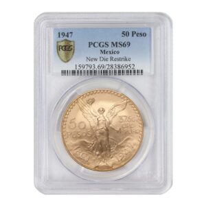1947 mx 1.2057 mexican gold peso ms-69 new die restrike 50 pesos ms69 pcgs