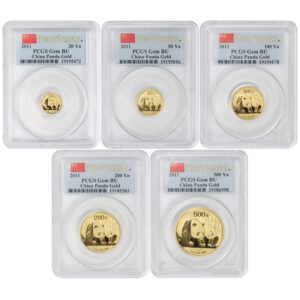 CN 2011 Set of 5 Chinese Gold Panda GemBU First Strike w/Original Government Box and Certificate of Authenticity by Mint State Gold Gem BU