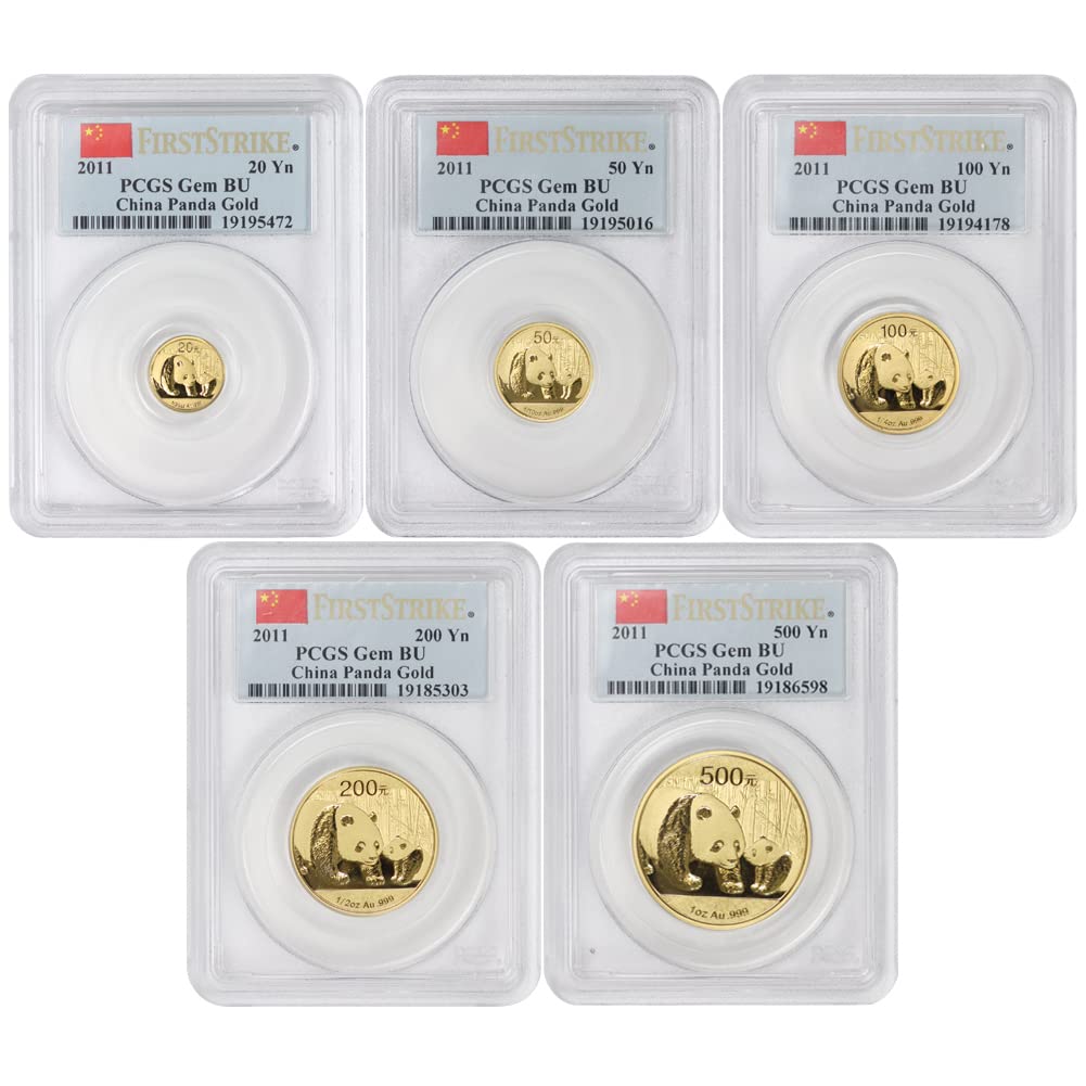 CN 2011 Set of 5 Chinese Gold Panda GemBU First Strike w/Original Government Box and Certificate of Authenticity by Mint State Gold Gem BU