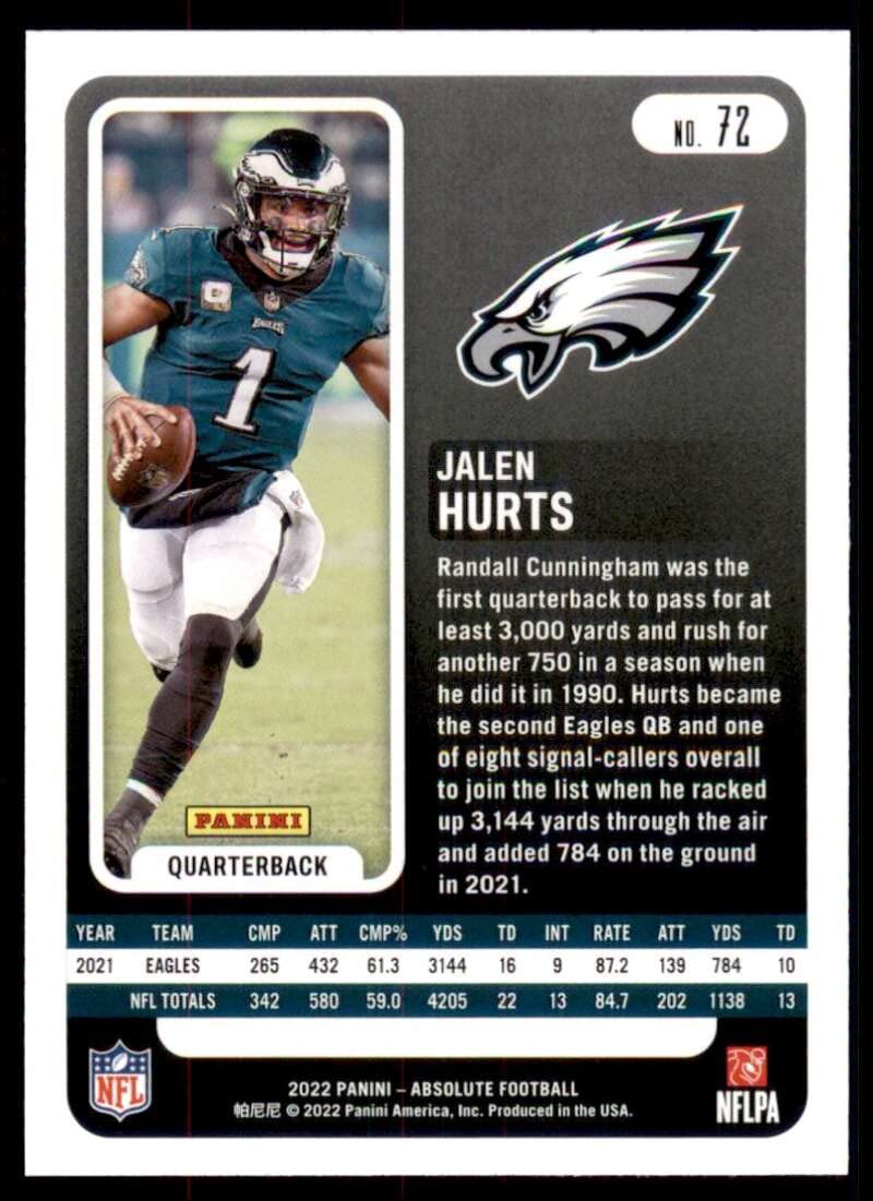 2022 Panini Absolute #72 Jalen Hurts NM-MT Philadelphia Eagles Football Trading Card NFL