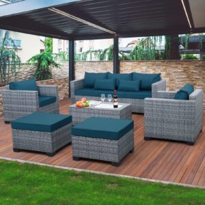 lviden 6 pieces wicker patio furniture sets outdoor conversation set pe rattan sectional sofa couch with storage table and peacock blue cushions