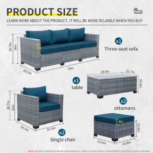 Lviden 6 Pieces Wicker Patio Furniture Sets Outdoor Conversation Set PE Rattan Sectional Sofa Couch with Storage Table and Peacock Blue Cushions