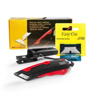 easyboxcutter, easy cut 2000 red cutter with 10 ct standard replacement extra tape cutter at back, dual side edge guide, 3 blade depth setting