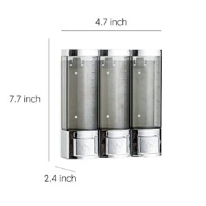 Shower Soap Dispenser 3-Chamber,Drill Free with Glue or Wall Mount with Screws Manual Hand 250ML Dispenser Shampoo Shower for Bathrooms (Chrome)