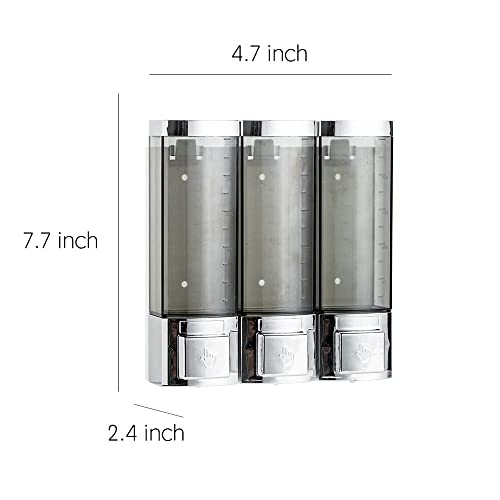 Shower Soap Dispenser 3-Chamber,Drill Free with Glue or Wall Mount with Screws Manual Hand 250ML Dispenser Shampoo Shower for Bathrooms (Chrome)