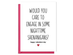 funny valentine's day card - would you care to engage in some nighttime shenanigans - card for husband, naughty valentine card for her