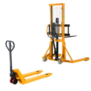 aequanta manual pallet stacker 2200lbs capacity 63" lifting height with cross legs and manual pallet jack 48" lx21'' w forks 5500lbs capacity