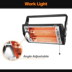 Electric Garage Heaters for Indoor Use, 1500W/750W Ceiling Mounted Radiant Quartz Heater with Work Light, 90° Rotation, 5 Mode Settings, Electric Heater for Garage, Shop, Patio Large Room