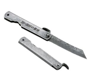 higo kinzoku folding knife silver stainless steel handle damascus plain edge 01pe310