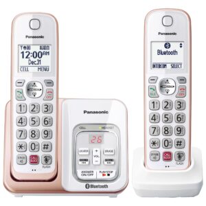 panasonic cordless phone with link2cell bluetooth, voice assistant, answering machine and call blocking, expandable system with 2 cordless handsets - kx-tgd862g (rose gold)