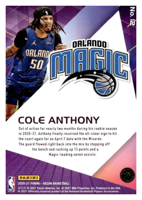 2020-21 PANINI RECON #12 COLE ANTHONY ORLANDO MAGIC BASKETBALL OFFICIAL TRADING CARD OF THE NBA