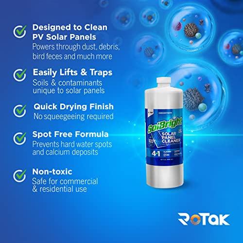 Rotak SolBright 4-in-1 Solar Panel Cleaner Concentrate For PV Solar Panels Spot Free Quick Dry Non-toxic Cleans Up to 10 Solar Systems (32 oz)