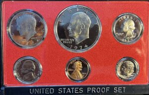 1974 s us proof set in mint packaging (includes ike dollar) dollar, half dollar, quarter, dime, nickel, cent us mint proof
