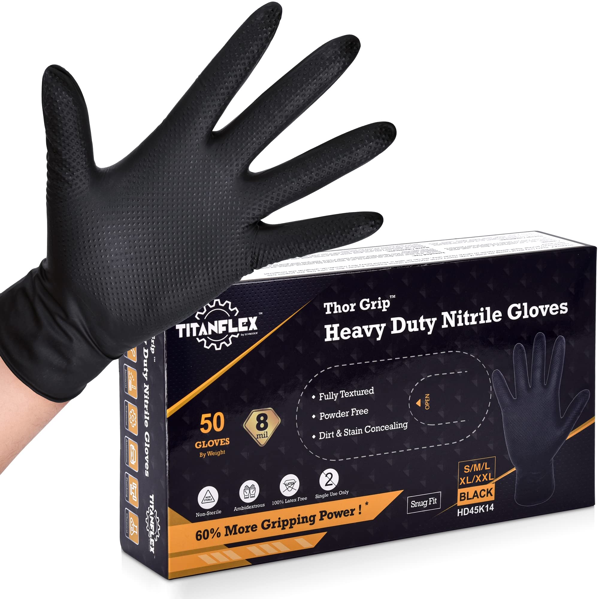 TitanFlex Medium Black Nitrile Gloves, 8-mil, 50-Pack, 100% Latex-Free, 60% More Gripping Power Than Regular Gloves, Heavy Duty Puncture Resistant, Professional Appearance