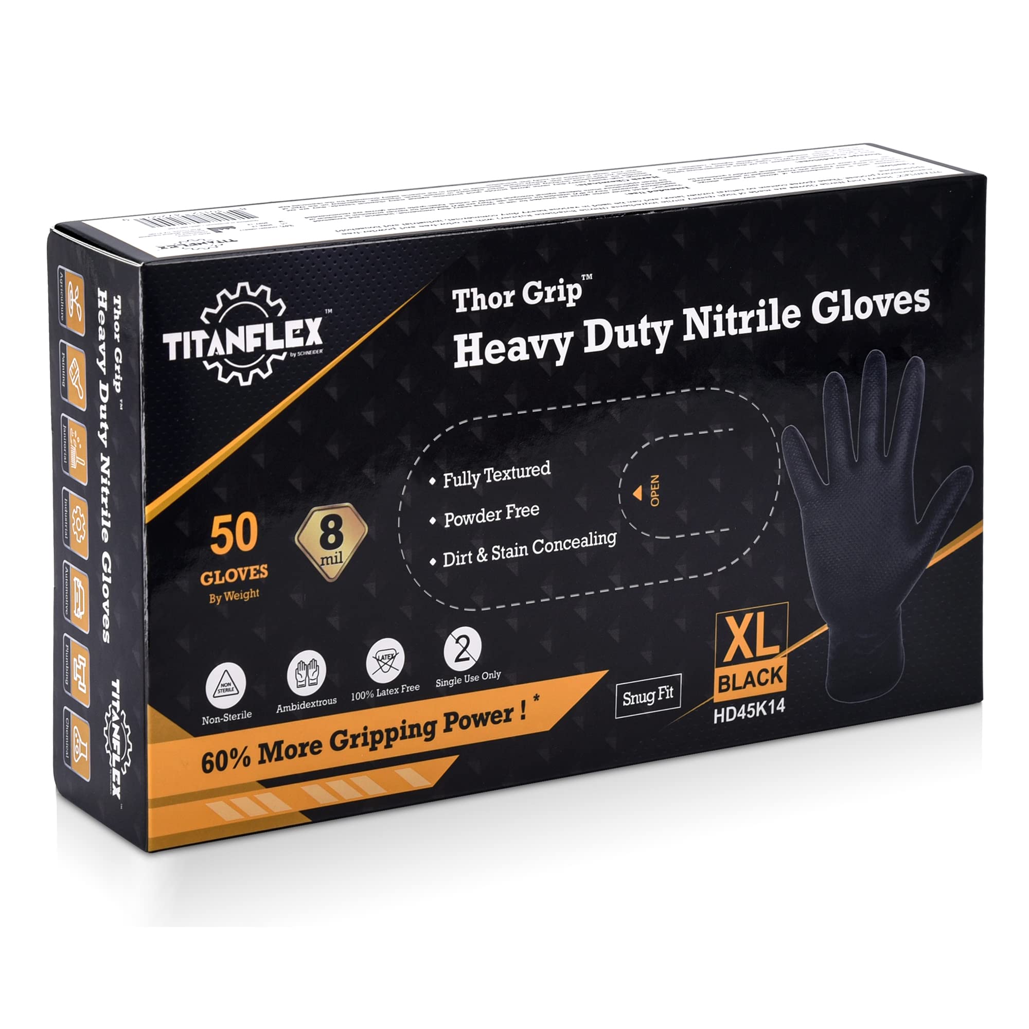 TitanFlex Medium Black Nitrile Gloves, 8-mil, 50-Pack, 100% Latex-Free, 60% More Gripping Power Than Regular Gloves, Heavy Duty Puncture Resistant, Professional Appearance