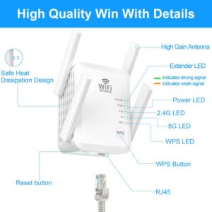 WiFi Extender Booster Repeater , Up to 8000sq.ft and 45+ Devices, 2.4&5GHz Dual Band Wireless Internet Repeater and Signal Amplifier for Home & Outdoor, Supports Ethernet Port