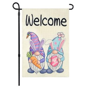 easter garden flag double sided, welcome gnomes easter flag yard flag for outdoor decoration 12x18 inch