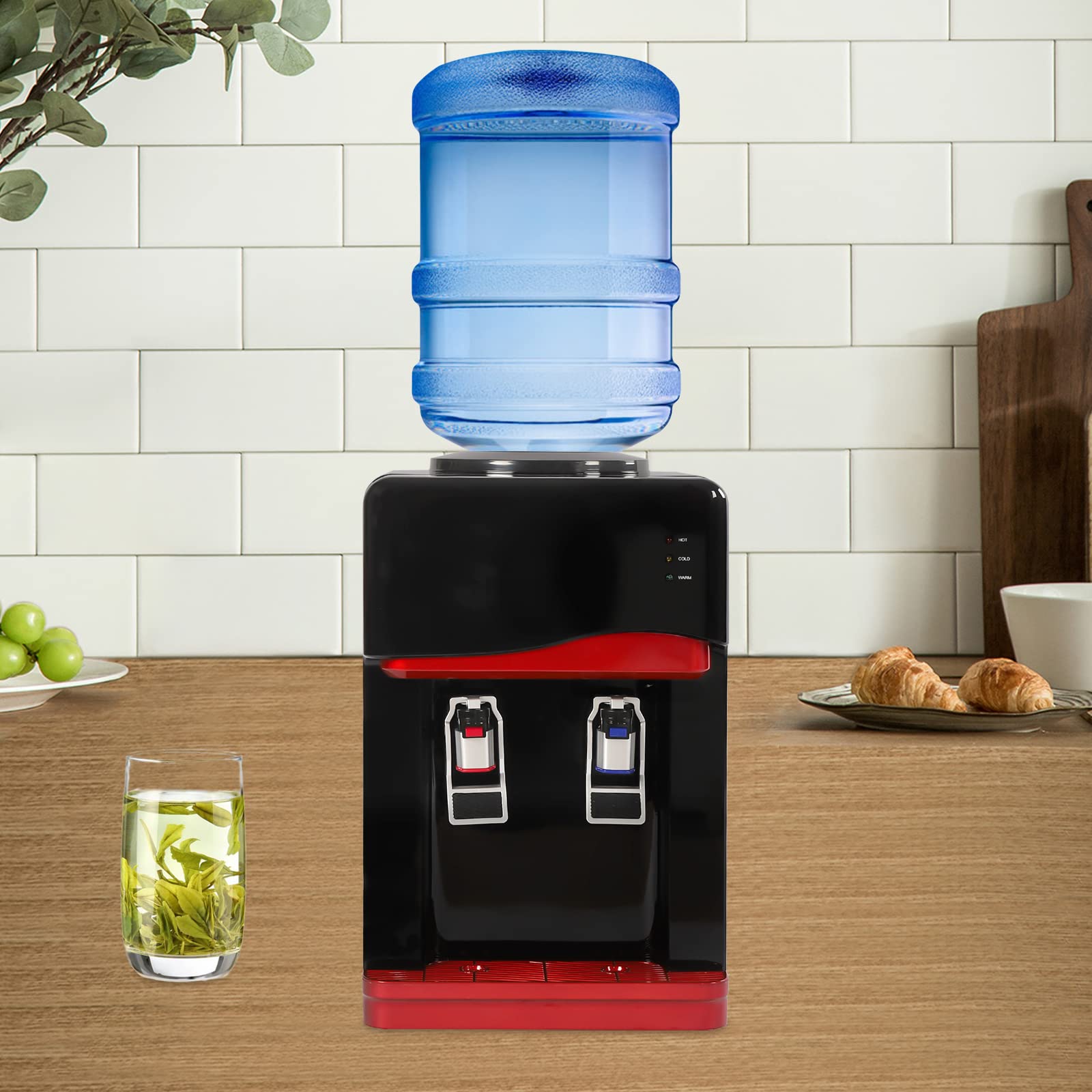 Black, Red Desktop Water Cooler Dispenser Top Loading Water Dispenser Hot & Cold Water Coolers with Child Safety Lock Drinking Fountain, 12.2 * 12.6 * 20 in