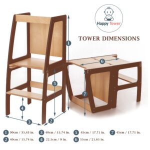 Foldable Montessori Helper Tower - Table and Chair with Blackboard All-In-One, Foldable Helper Tower for Toddlers (Natural Lacquered)