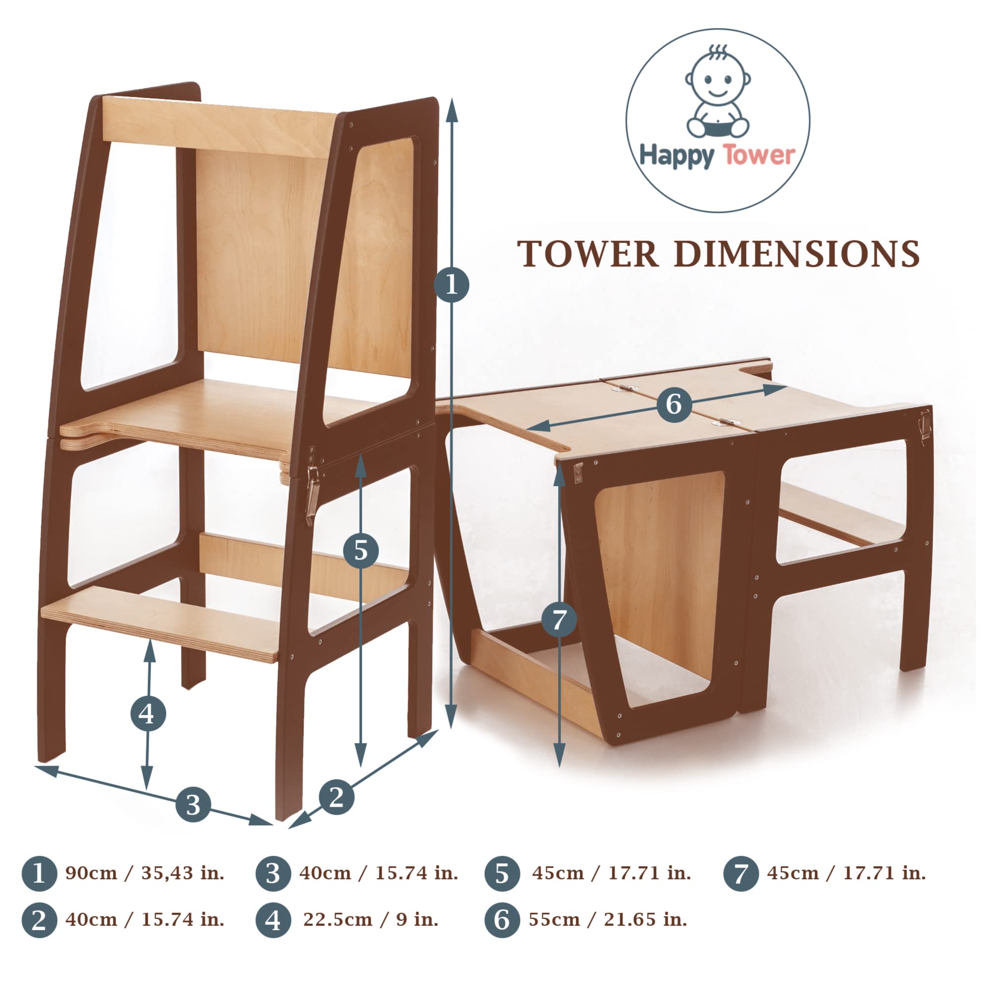 Foldable Montessori Helper Tower - Table and Chair with Blackboard All-In-One, Foldable Helper Tower for Toddlers (Natural Lacquered)