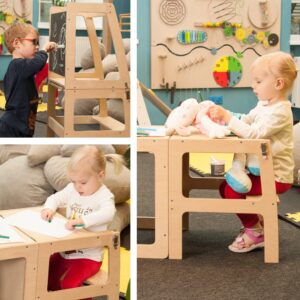 Foldable Montessori Helper Tower - Table and Chair with Blackboard All-In-One, Foldable Helper Tower for Toddlers (Natural Lacquered)