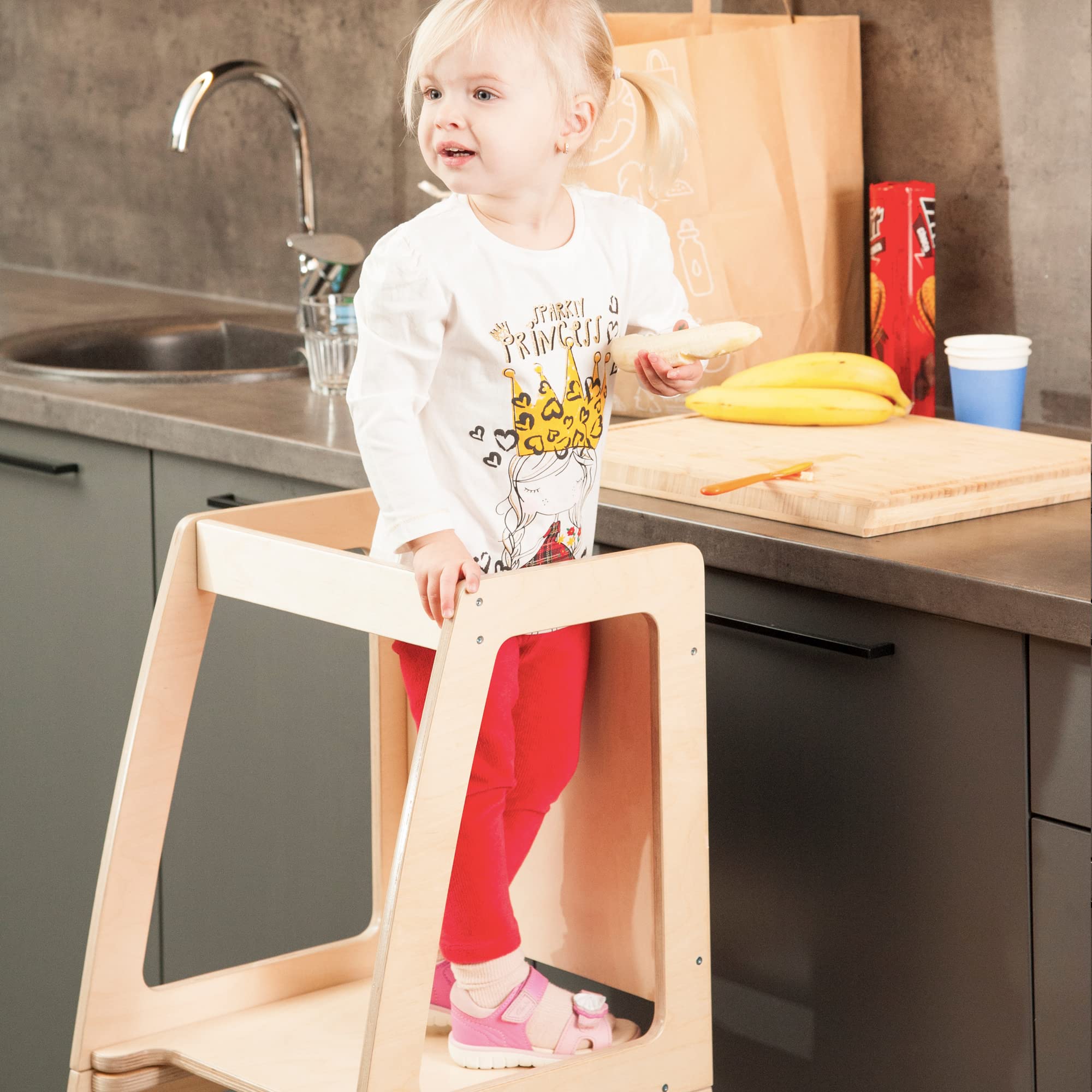 Foldable Montessori Helper Tower - Table and Chair with Blackboard All-In-One, Foldable Helper Tower for Toddlers (Natural Lacquered)