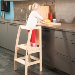 Foldable Montessori Helper Tower - Table and Chair with Blackboard All-In-One, Foldable Helper Tower for Toddlers (Natural Lacquered)