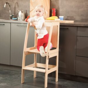 Foldable Montessori Helper Tower - Table and Chair with Blackboard All-In-One, Foldable Helper Tower for Toddlers (Natural Lacquered)