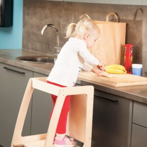 Foldable Montessori Helper Tower - Table and Chair with Blackboard All-In-One, Foldable Helper Tower for Toddlers (Natural Lacquered)