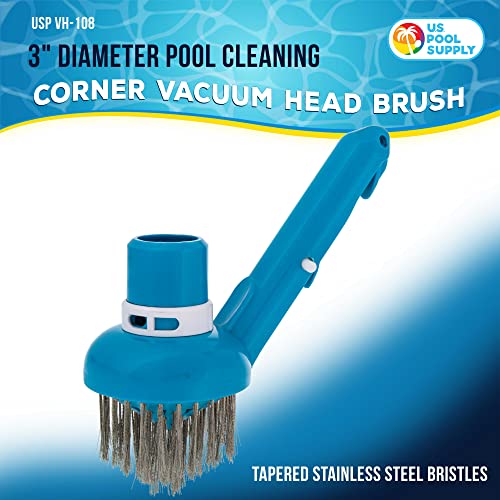 U.S. Pool Supply Corner Vacuum Head Brush with Stainless Steel Bristles, Adjustable Suction Ring - Scrub Remove Calcium Buildup, Rust Stains on Concrete Swimming - Sweep Debris Corners, Steps, Walls