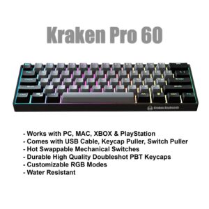 Kraken Keyboards Stealth Edition Kraken Pro 60 | Black & Grey 60% HOT SWAPPABLE Mechanical Gaming Keyboard for Gaming On PC, MAC, Xbox and Playstation (Stealth | Silver Switches)