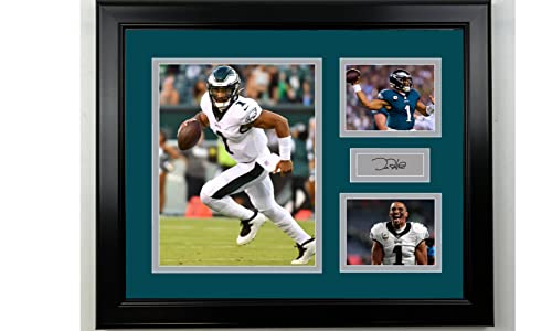 Framed Jalen Hurts Philadelphia Eagles Facsimile Laser Engraved Signature Football 15"x12" 3 Photo Collage