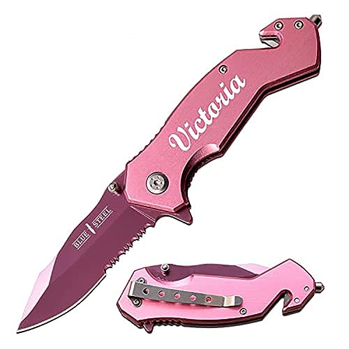 Blue Steel Personalized Laser Engraved Pocket Knife, Rescue Pocket Knife with 3.25-Inch Stainless Steel Blade, Glass Breaker Tip, Belt Cutter, and Pocketclip, Color - (Light Pink)