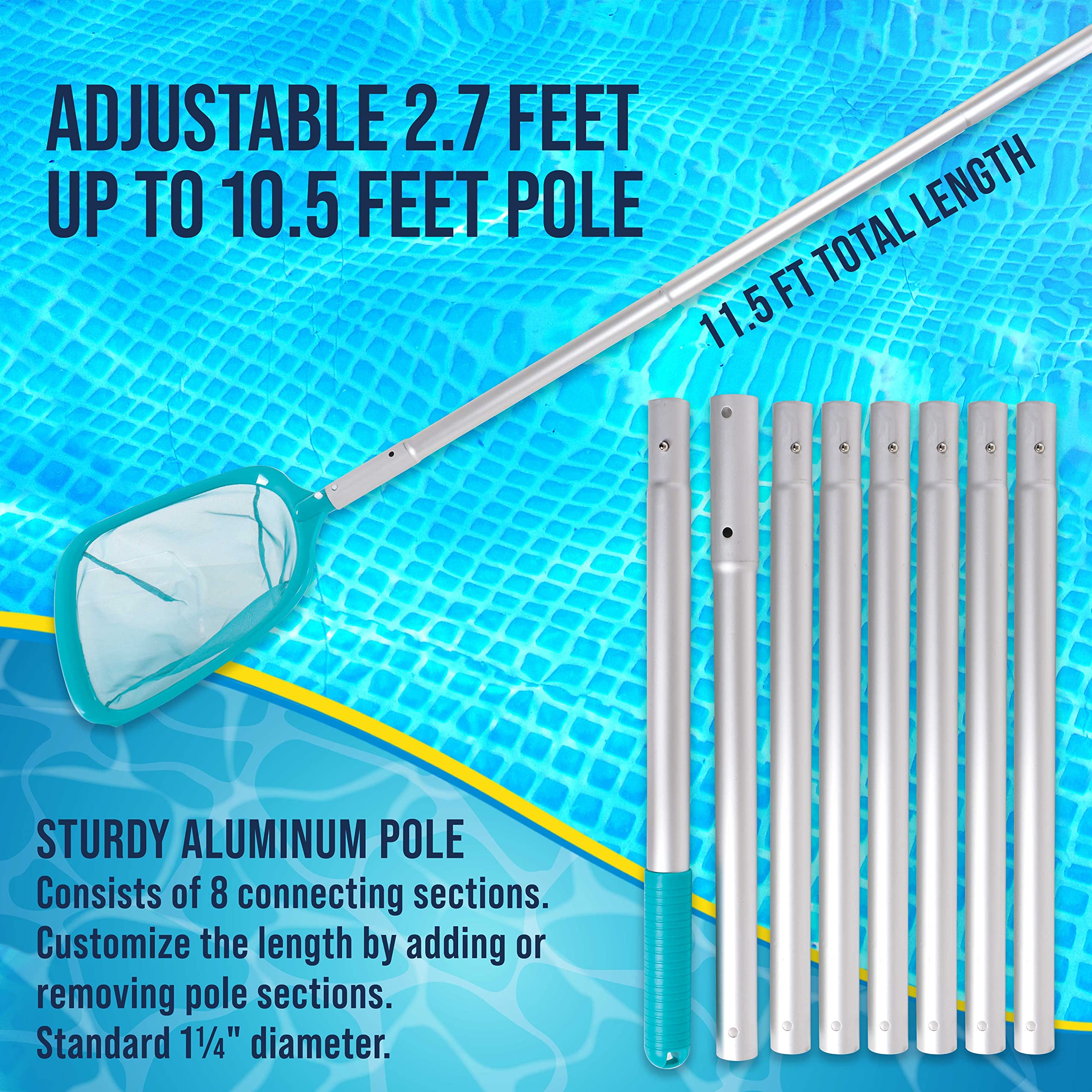U.S. Pool Supply 11.5 Foot Swimming Pool Leaf Skimmer Net with Telescopic Aluminum Pole, 8 Sections - 6" Deep Ultra Fine Mesh Netting Basket, Remove Finest Debris, Adjustable Length, Clean Spas, Ponds