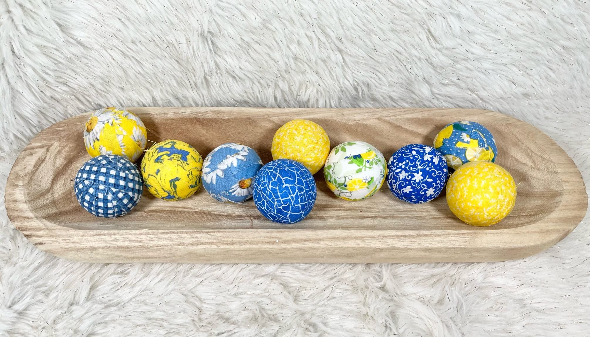 Sunshine Garden Blue Yellow floral fabric wrapped bowl fillers, set of 10 trendy home decor, flowers, dough bowl vase, basket, apothecary jar, blue white yellow