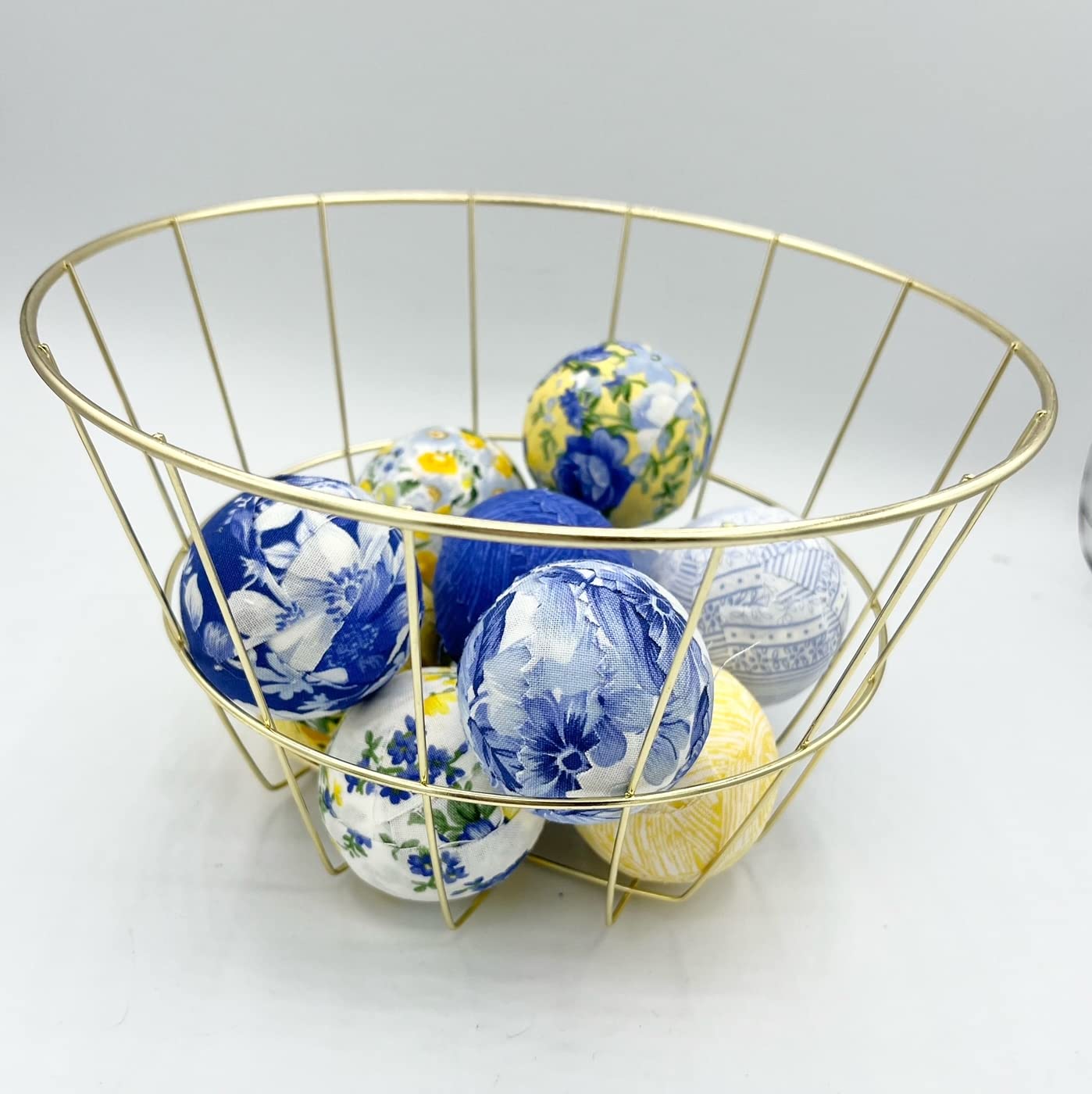 Sunshine Garden Blue Yellow floral fabric wrapped bowl fillers, set of 10 trendy home decor, flowers, dough bowl vase, basket, apothecary jar, blue white yellow