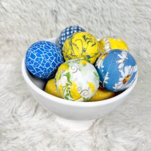 Sunshine Garden Blue Yellow floral fabric wrapped bowl fillers, set of 10 trendy home decor, flowers, dough bowl vase, basket, apothecary jar, blue white yellow