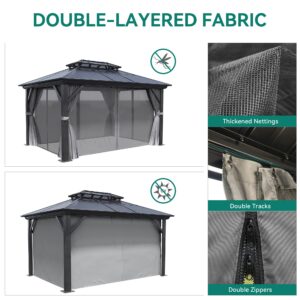 YITAHOME 10x12FT Hard-Top Gazebo Double Roof Canopy Outdoor with Netting and Shaded Curtains, Aluminum Frame Polycarbonate Hardtop Garden Tent for Patio, Backyard, Deck and Lawns, Gray