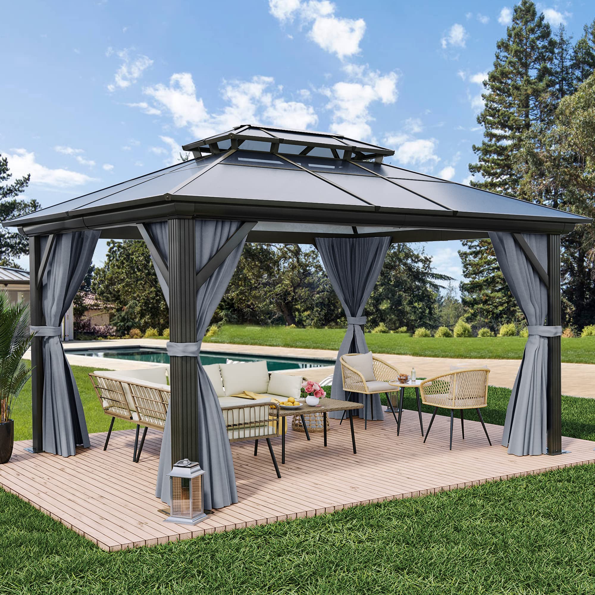 YITAHOME 10x12FT Hard-Top Gazebo Double Roof Canopy Outdoor with Netting and Shaded Curtains, Aluminum Frame Polycarbonate Hardtop Garden Tent for Patio, Backyard, Deck and Lawns, Gray