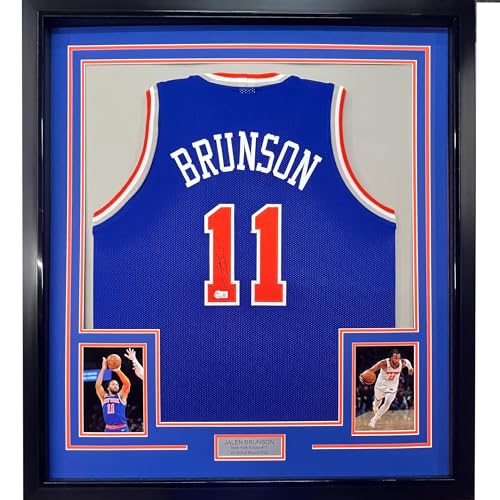 Framed Autographed/Signed Jalen Brunson 33x42 New York Blue Basketball Jersey Beckett BAS COA