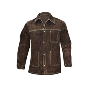 leather welding work jacket | flame-resistant heavy duty split cowhide leather jacket | welder coat for men & women (as1, alpha, s, regular, regular, brown)