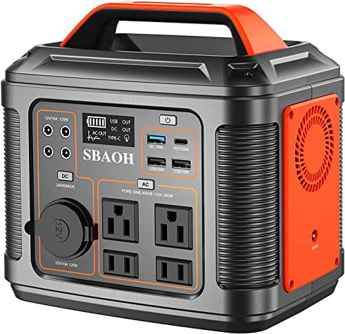 SBAOH Portable Power Station, 300W 296Wh Solar Generator Quick Charge / 110V AC Outlets/DC Ports and LED Flashlight, Lithium Battery Backup for Home Outdoor Travel Camping Blackout